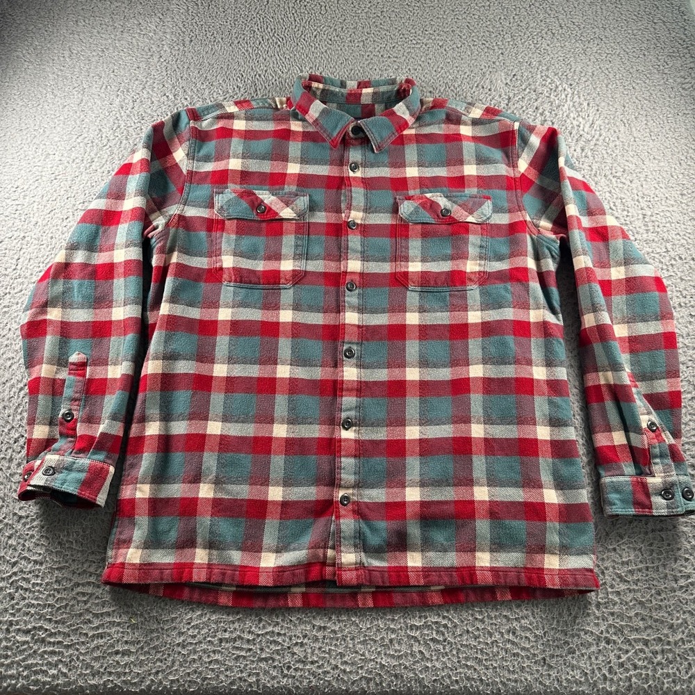 Patagonia Fjord Flannel Shirt Mens XL Red Teal Plaid Midweight Button Up Outdoor